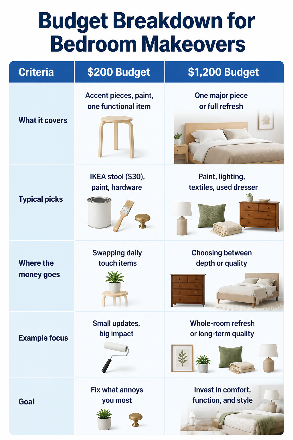 A chart showing budget breakdowns for bedroom makeovers.