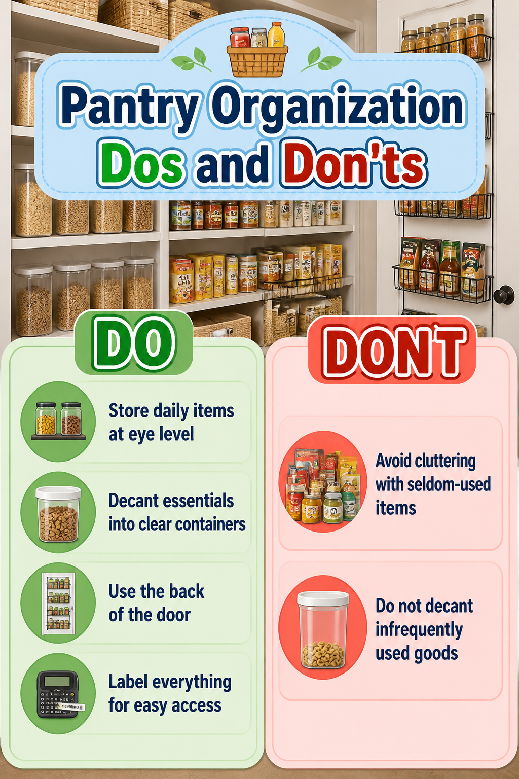 Dos and don'ts for pantry organization displayed on a countertop.