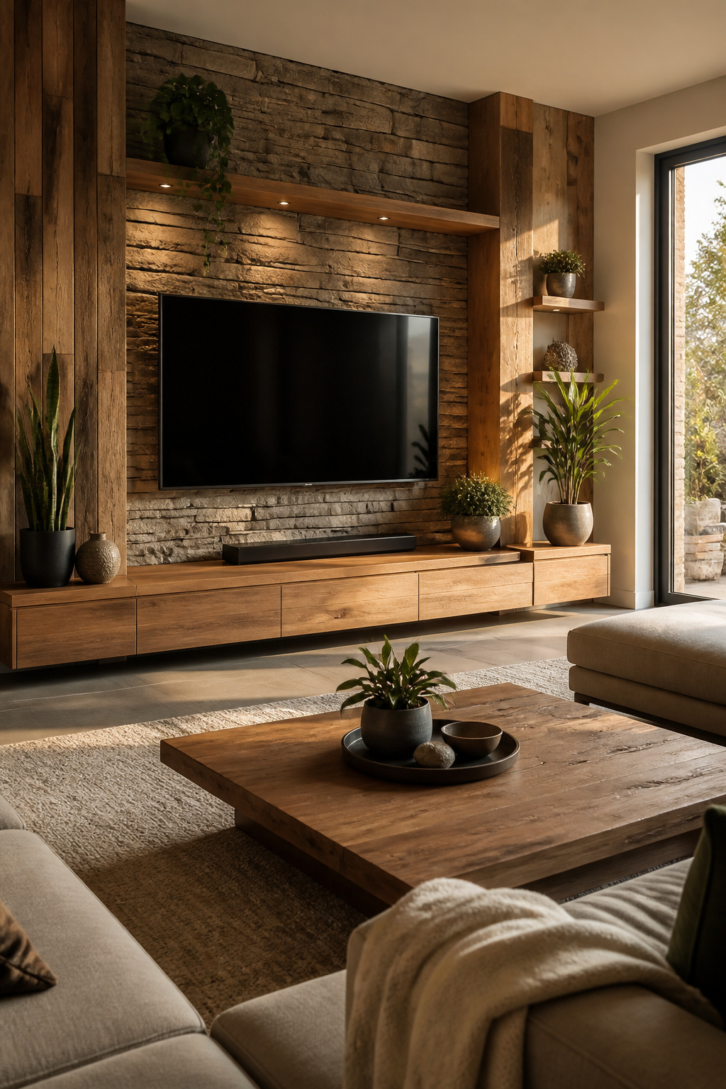 Living room with a TV against a backdrop of natural materials.