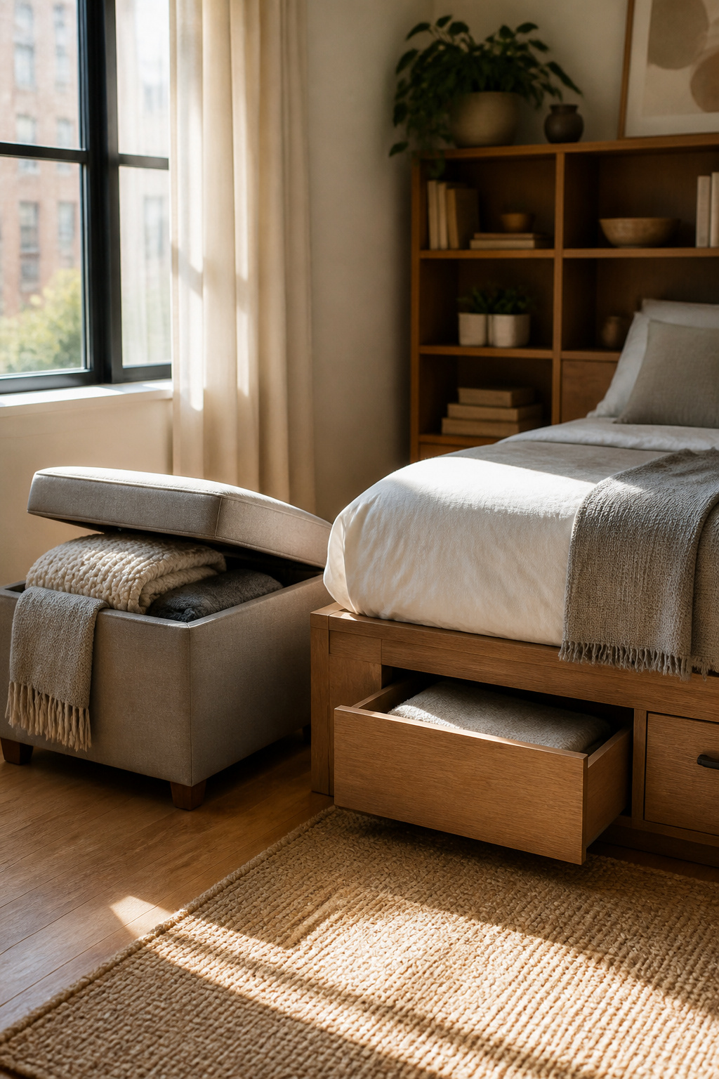 A stylish ottoman with blankets and a bed frame with drawers.