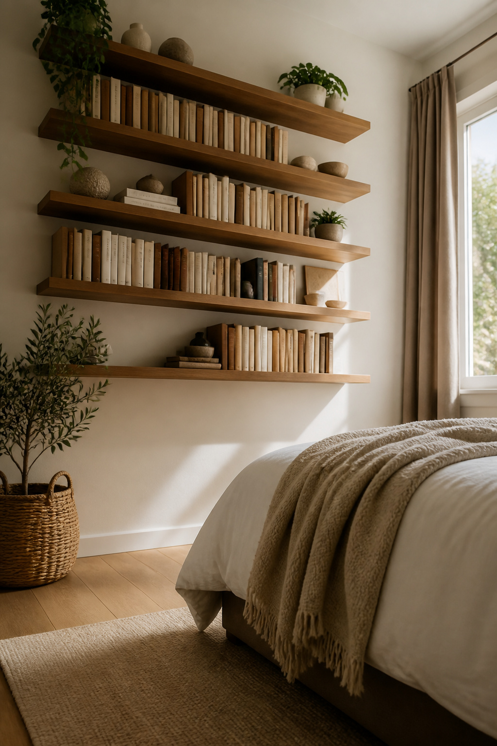A tall bookcase and wall-mounted shelves displaying books and decor.