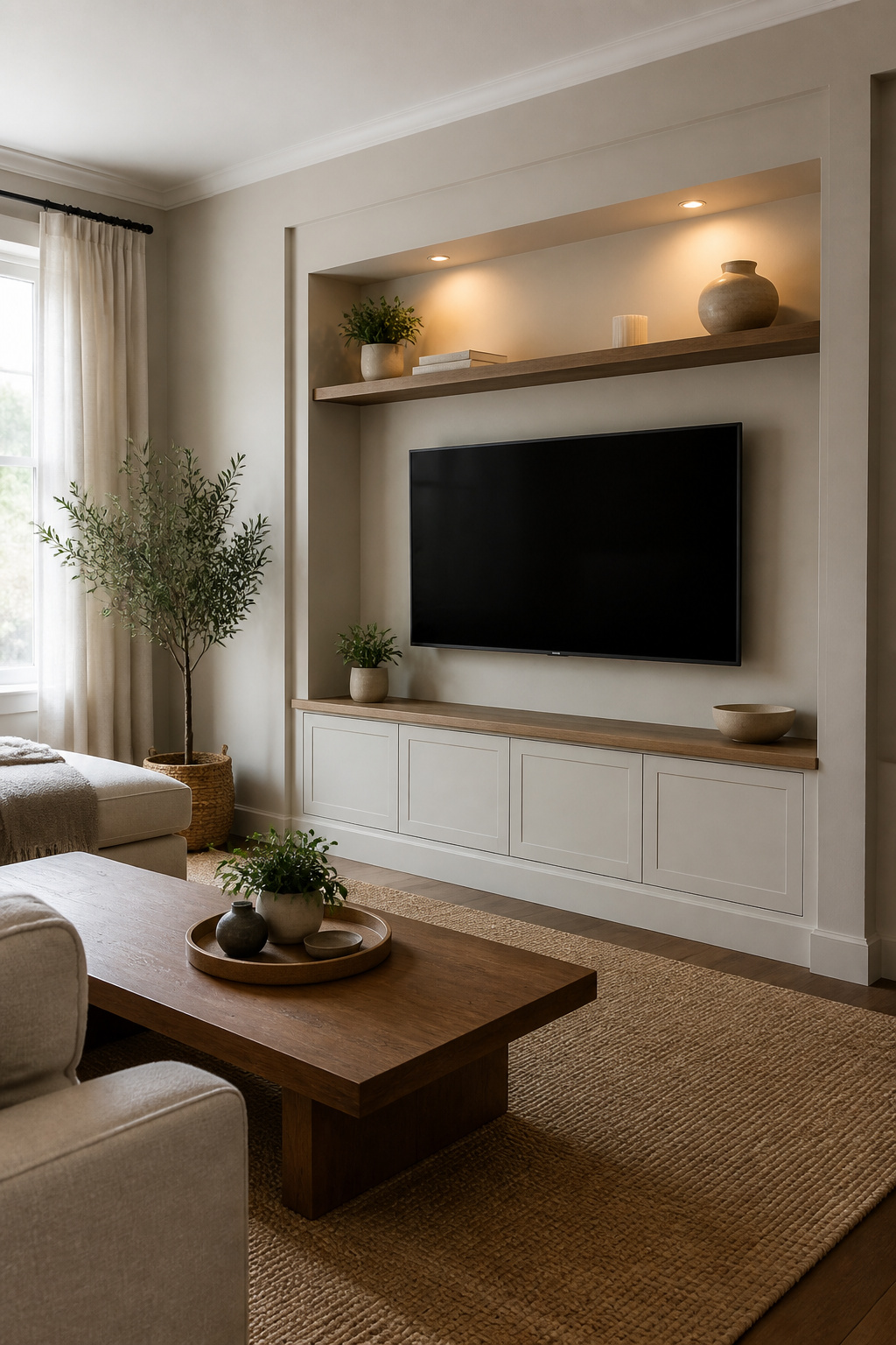 Modern living room with a flat-screen TV framed by custom joinery.