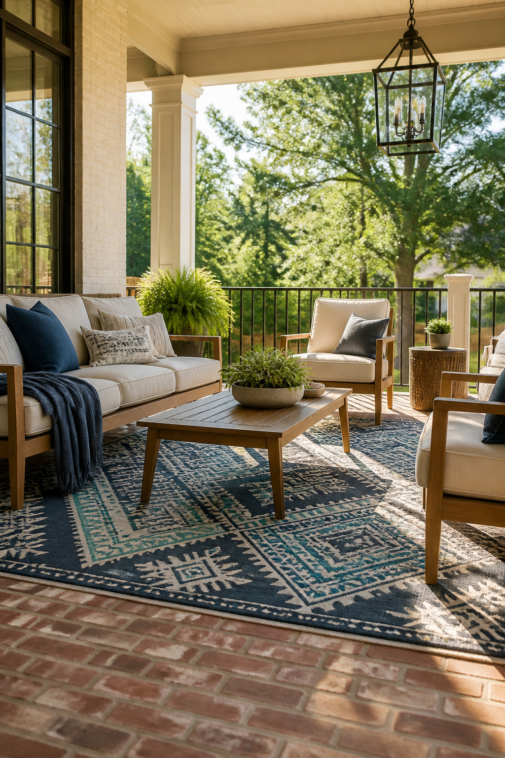 13 Large Back Porch Ideas That Use What You Already Have 3 A colorful outdoor area rug on a back porch with seating.