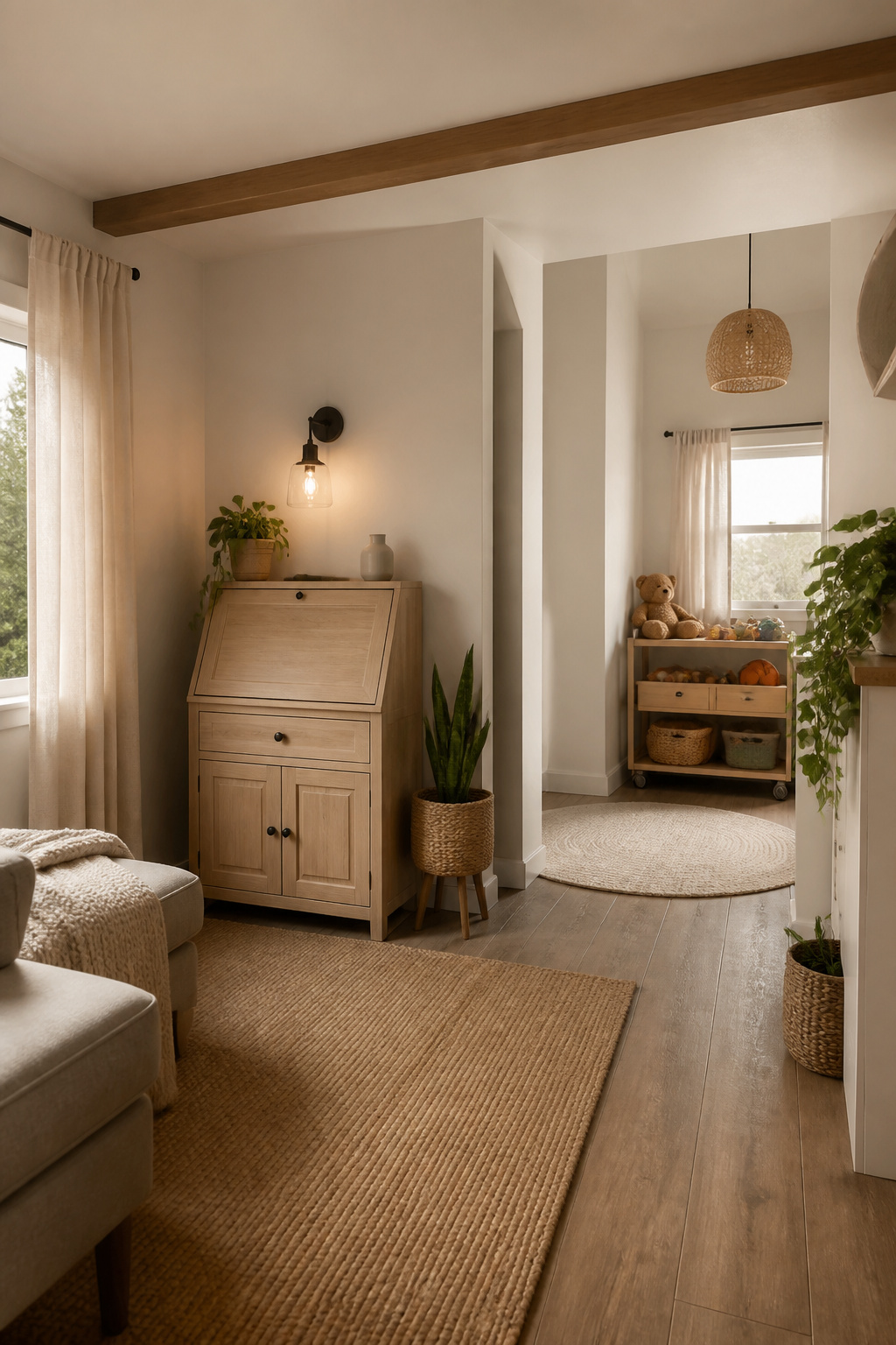 A corner featuring a secretary desk and a rolling cart.
