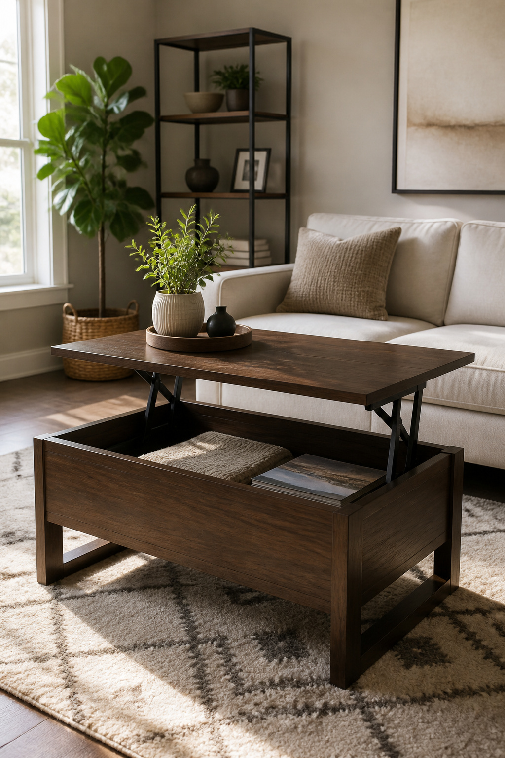 A sleek coffee table with a lift-top revealing hidden storage.