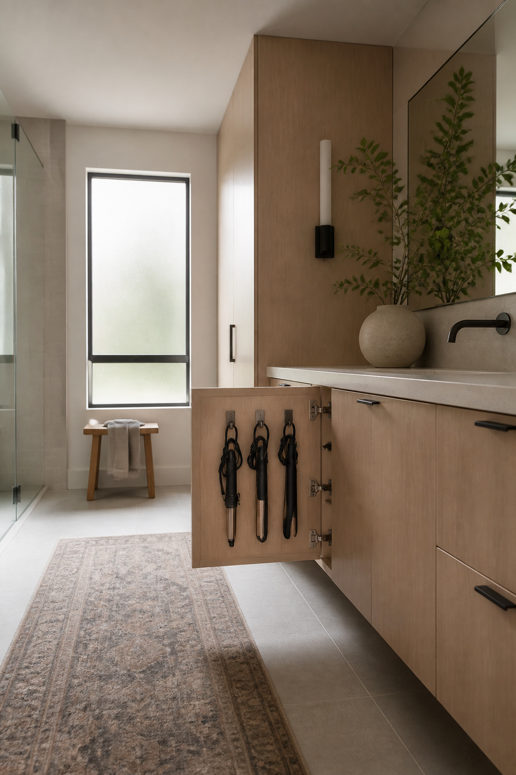 Command hooks holding hair tools on the inside of a vanity door.