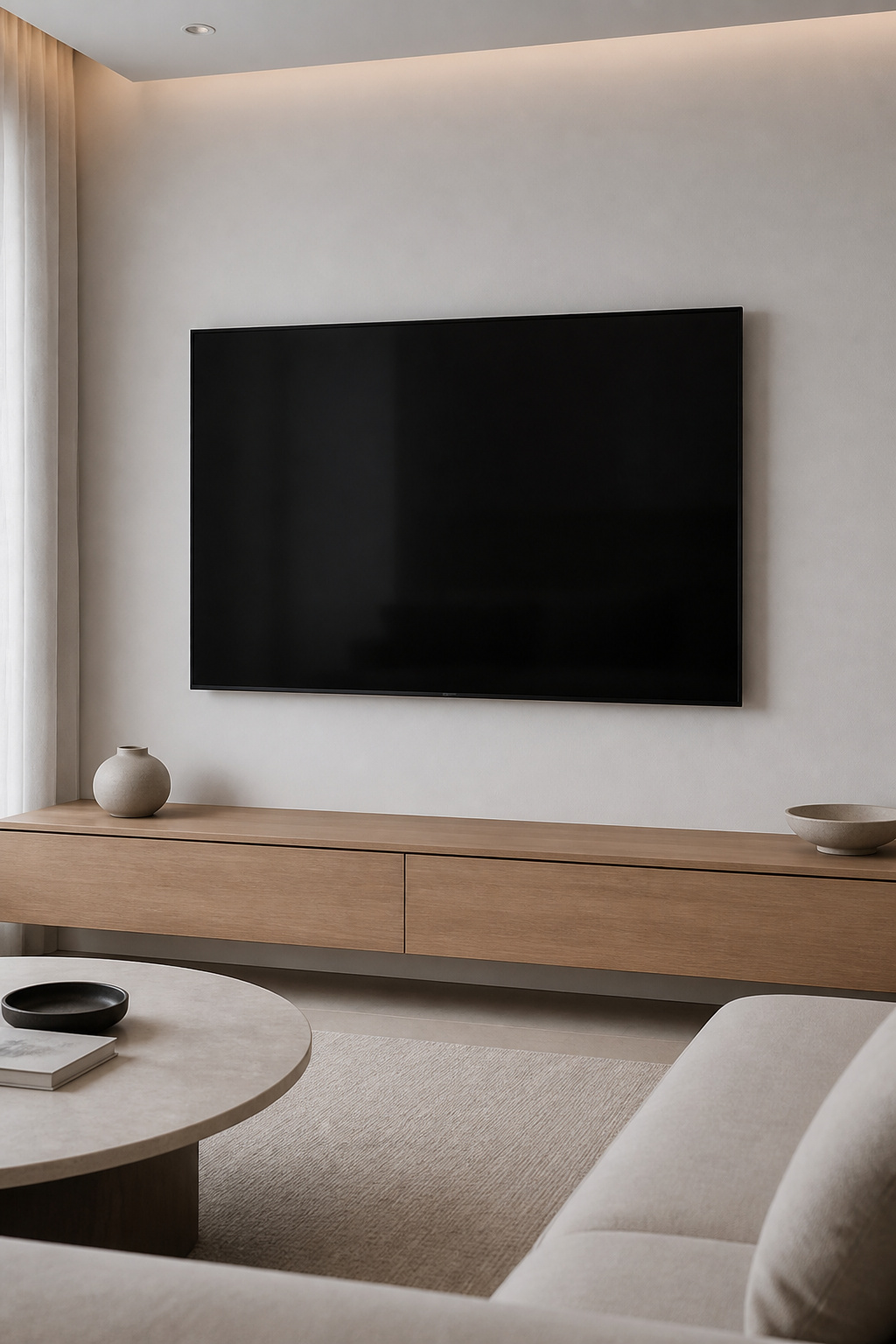 Minimalist living room wall featuring a TV and hidden cables.