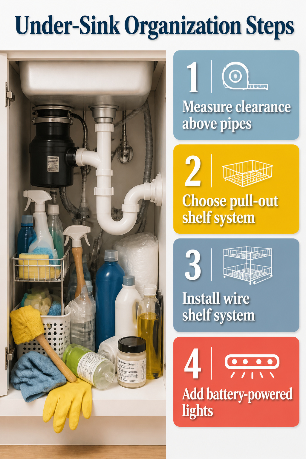 Pull-out wire shelf system installed under a kitchen sink.