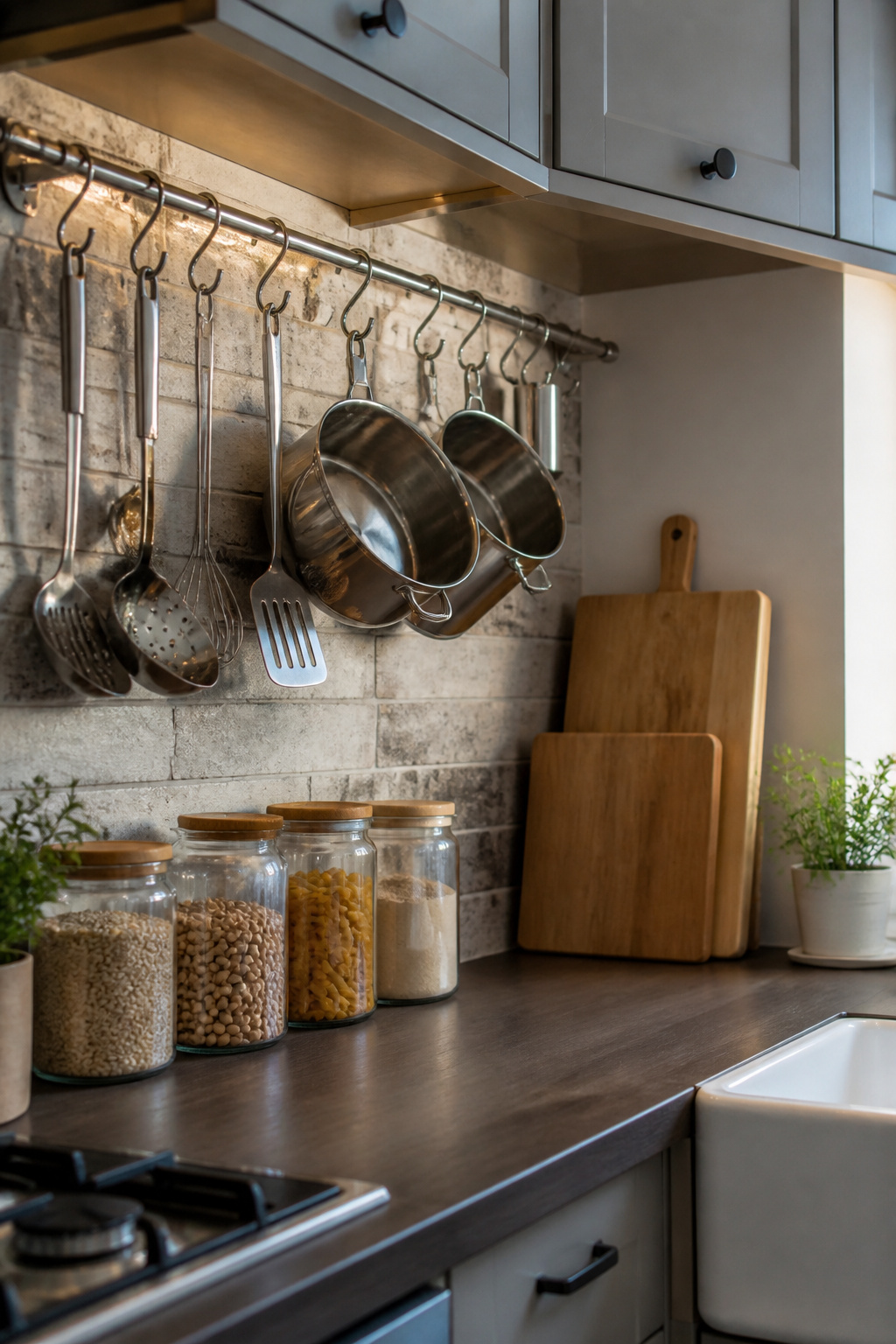 Metal hooks holding utensils and pots in a modern kitchen.