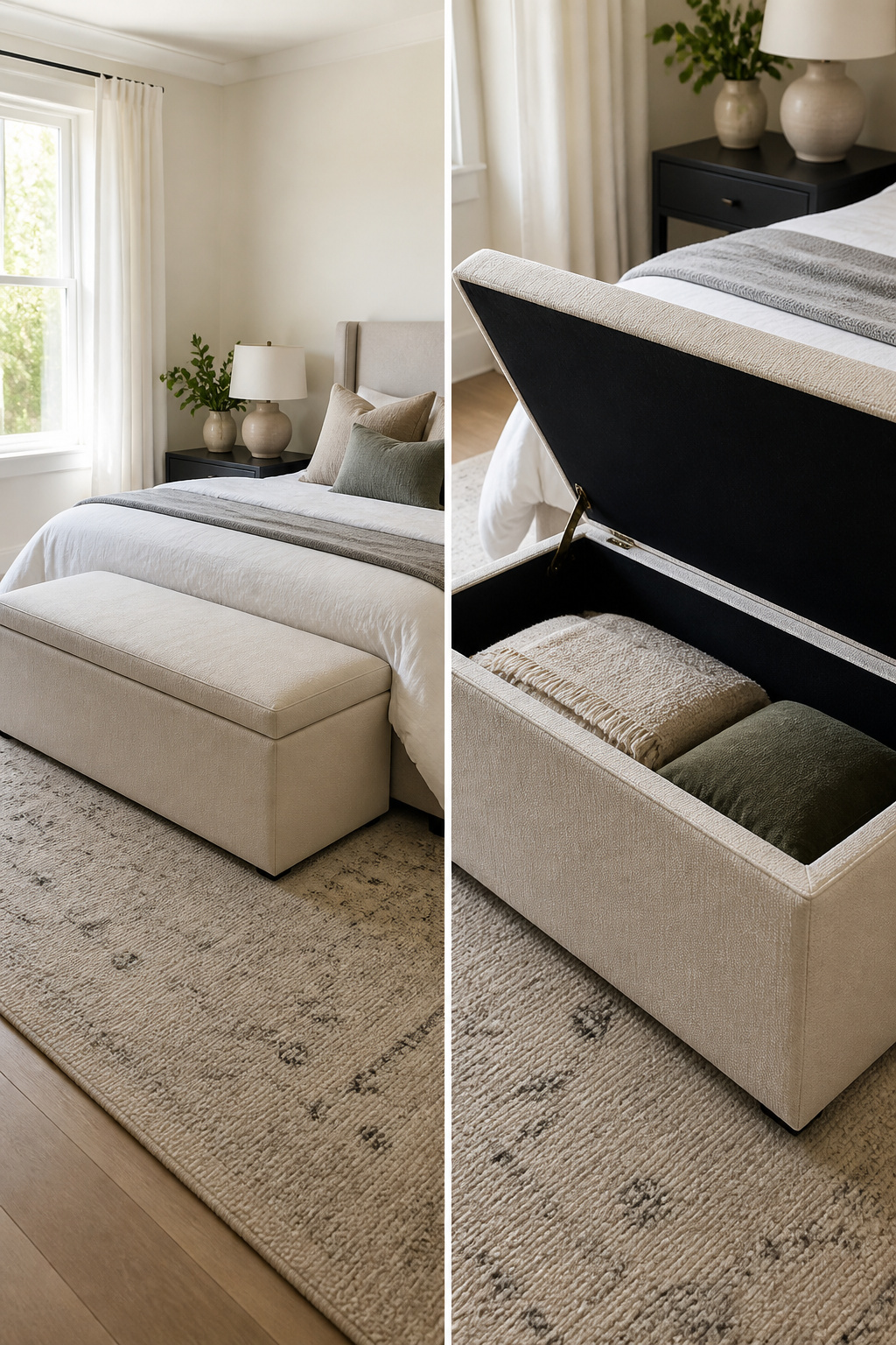 A medium-sized storage ottoman at the foot of a bed.