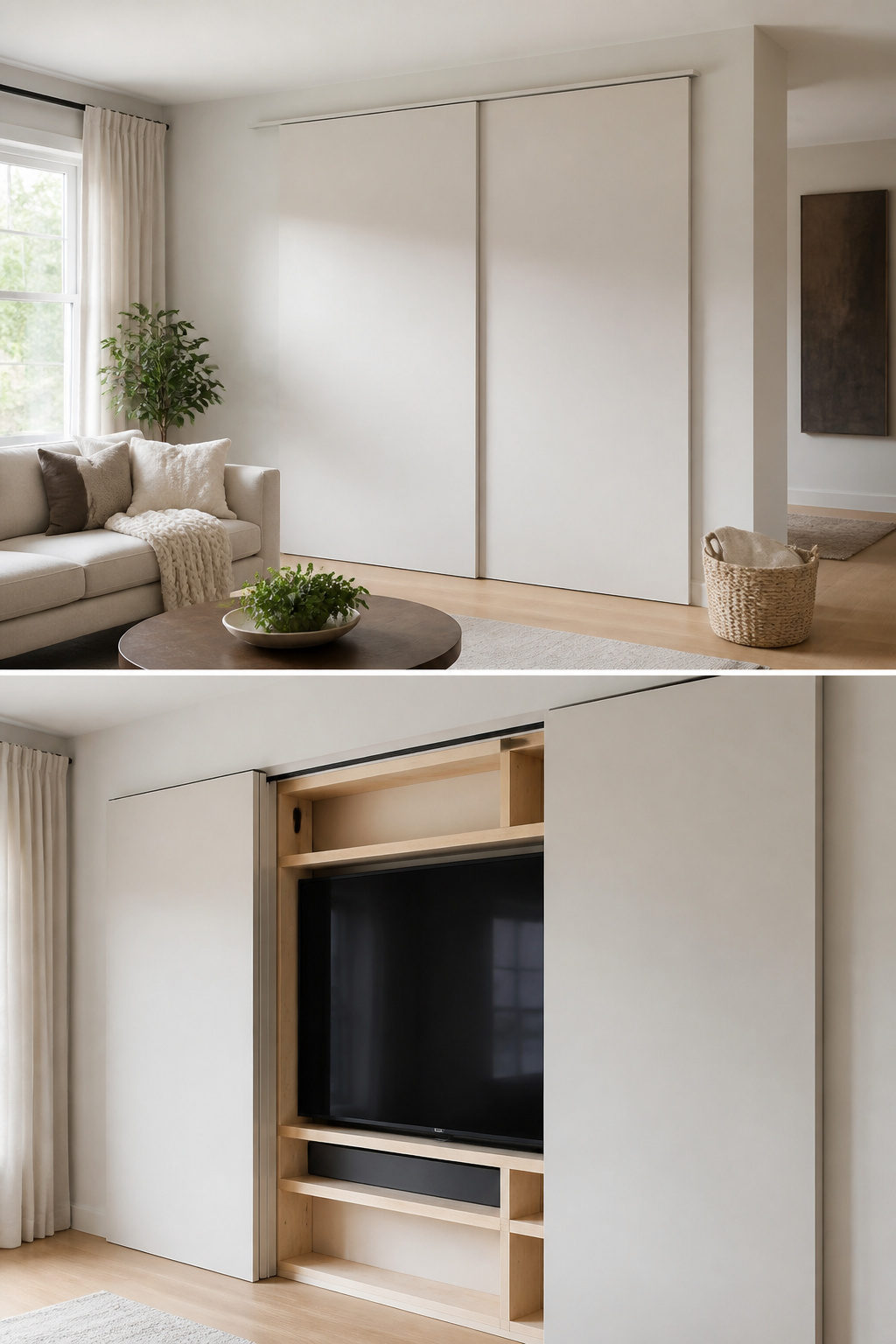 Living room with sliding panels designed to hide a television.