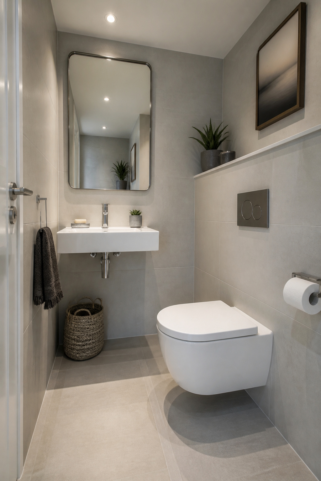 A small bathroom with a floating toilet and minimalist sink.