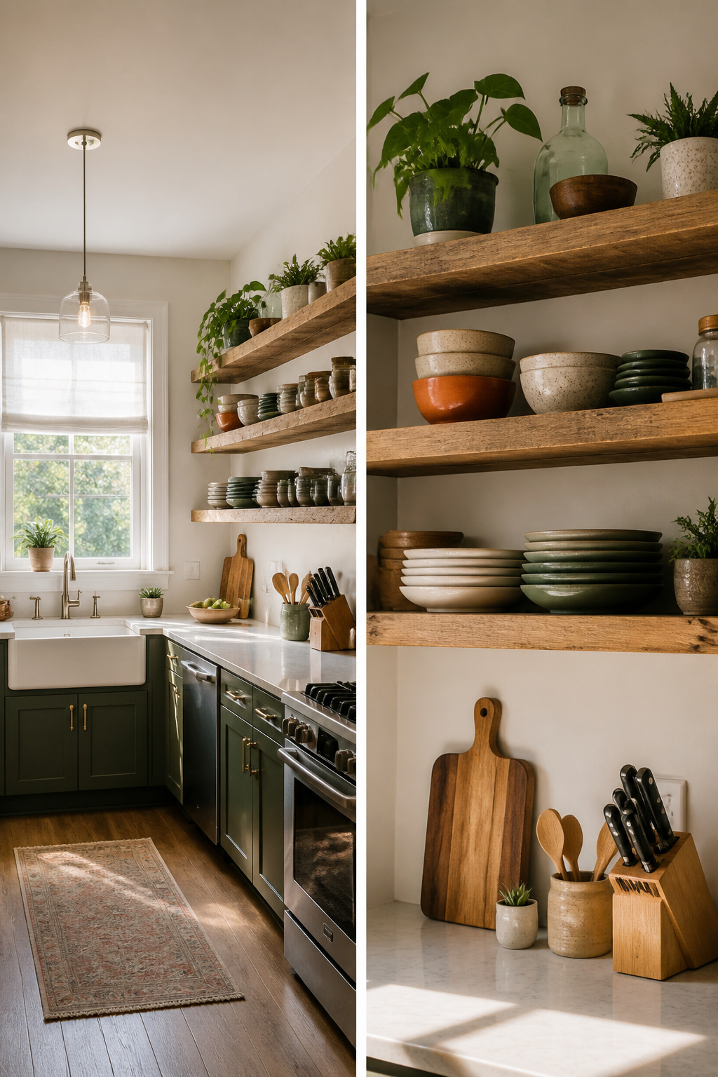 10 Small Kitchen Cabinet Ideas That Maximize Every Inch (2026) 4 Open shelving in a kitchen displaying neatly arranged dishware.
