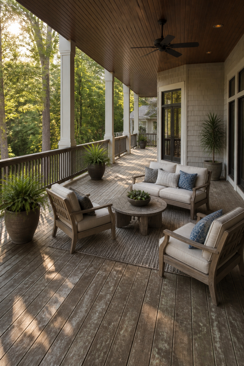 13 Large Back Porch Ideas That Use What You Already Have 4 Two chairs and a coffee table create a conversation area on the porch.