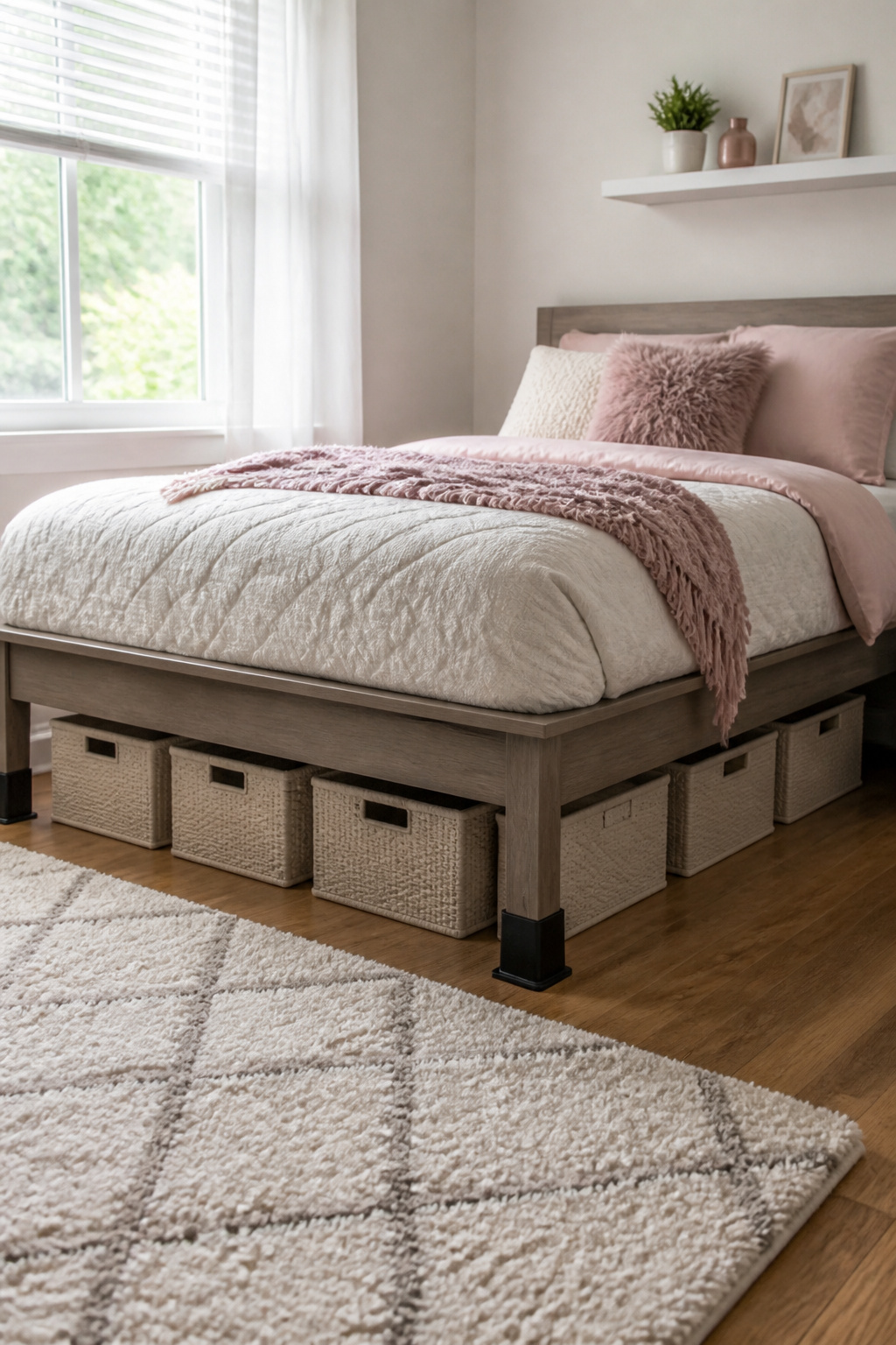 A bed elevated by risers with organized bins visible beneath.
