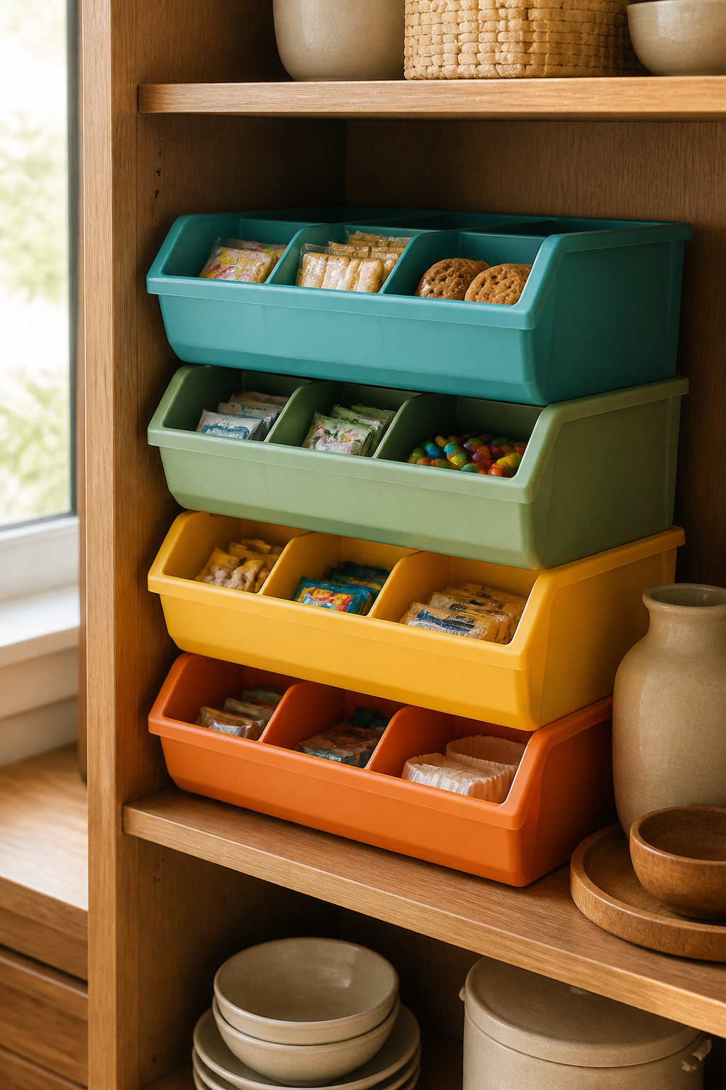 Colorful plastic bins arranged on pantry shelves.