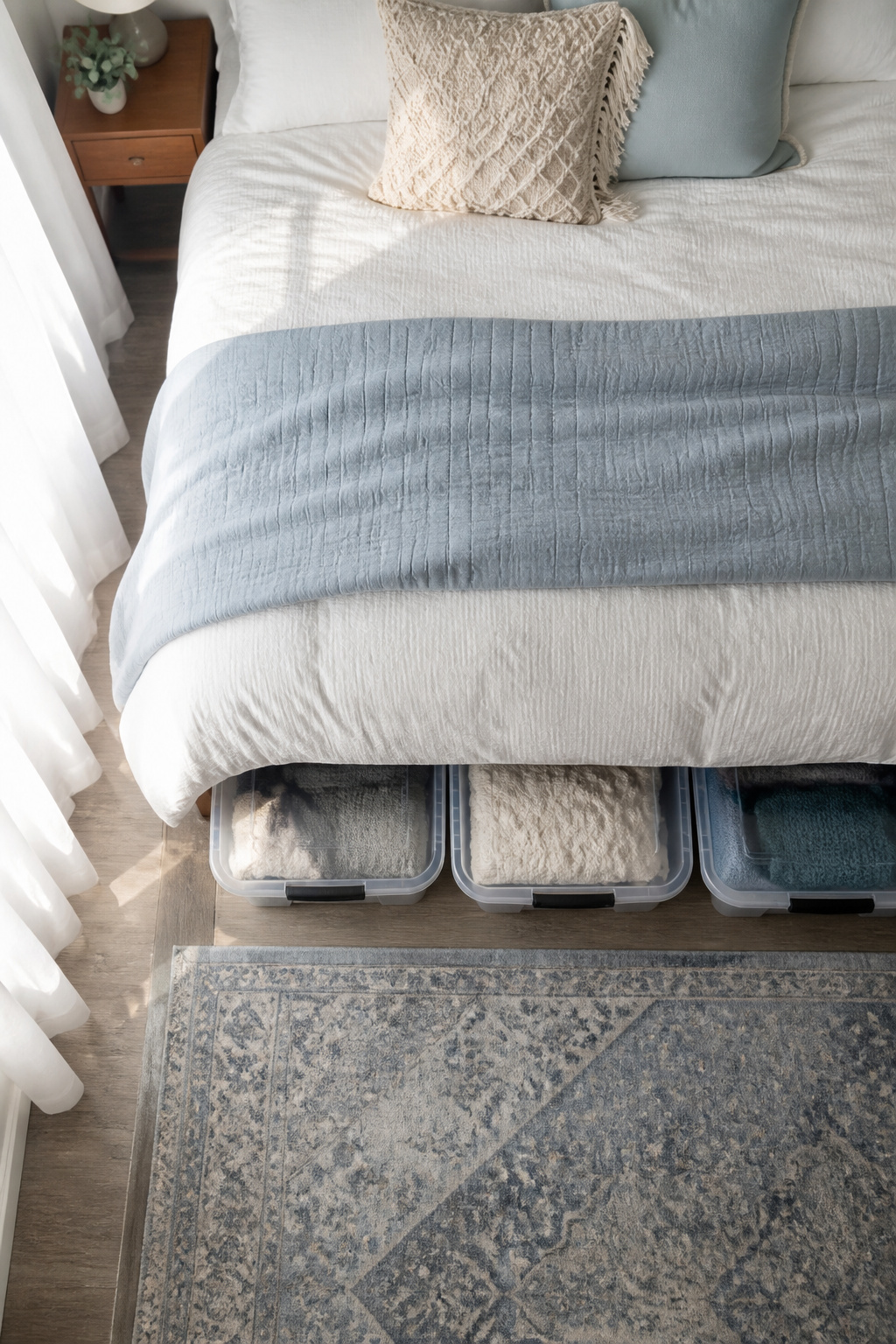 Plastic bins stored under a bed for space-saving storage.
