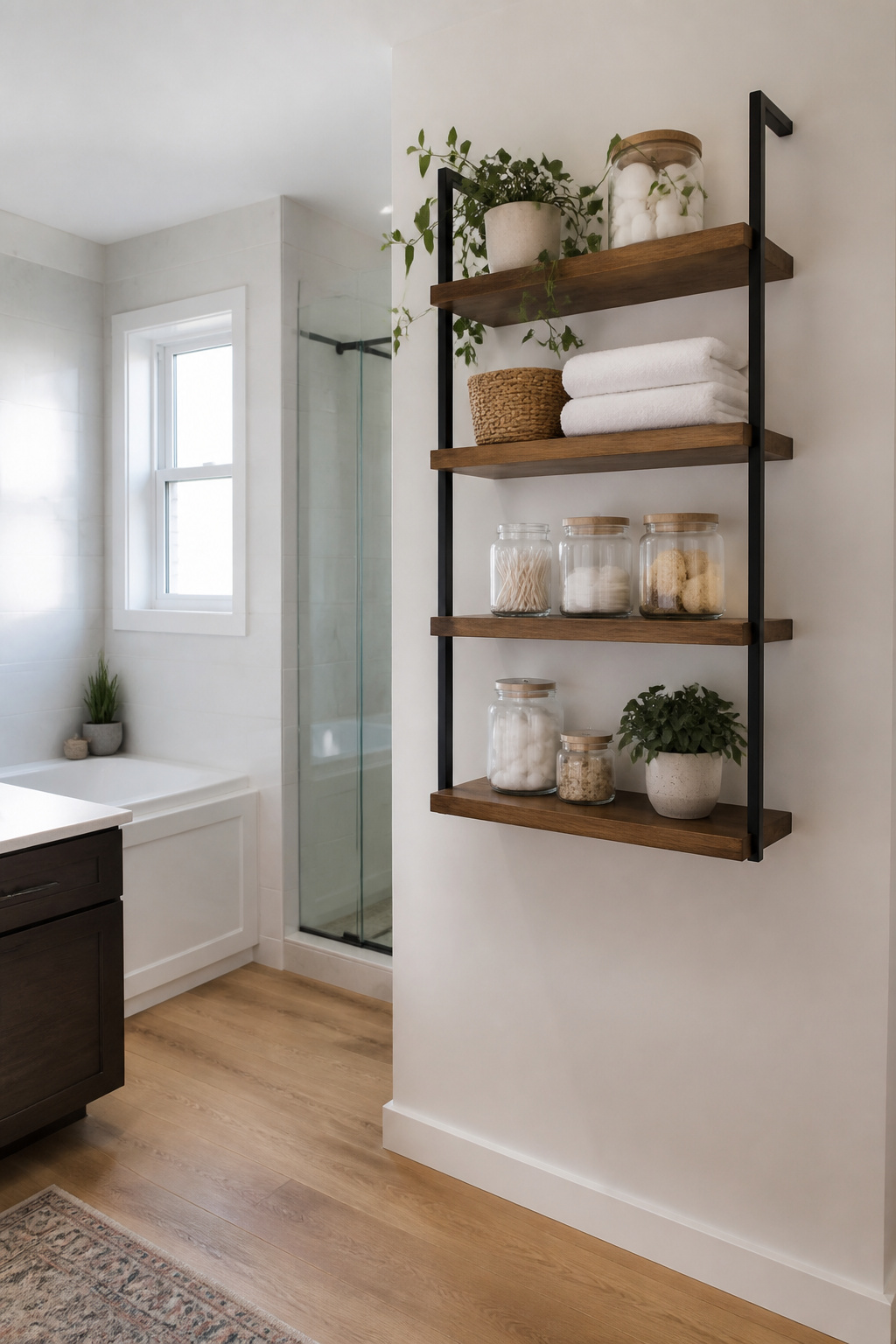 Stylish vertical shelves filled with bathroom items on a white wall.