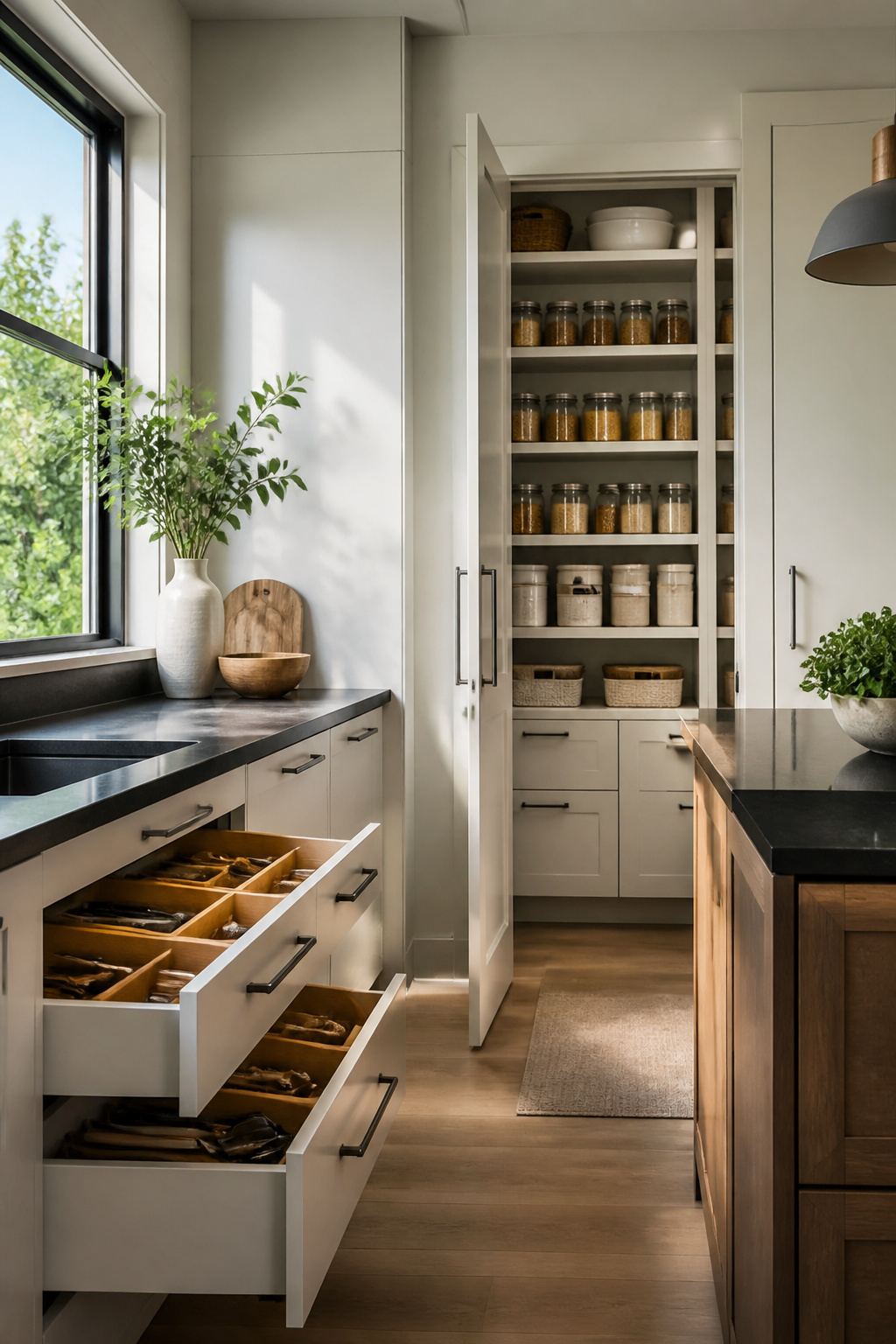 A well-organized pantry featuring adjustable shelves and neat storage.