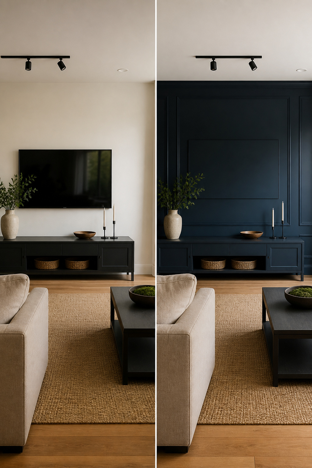Living room with dark paint behind the TV to minimize its visibility.