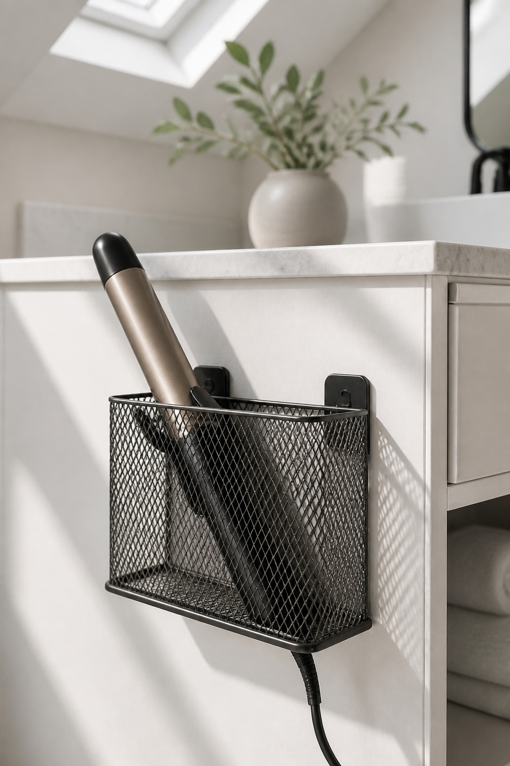A metal file box holding a curling iron on a bathroom counter.