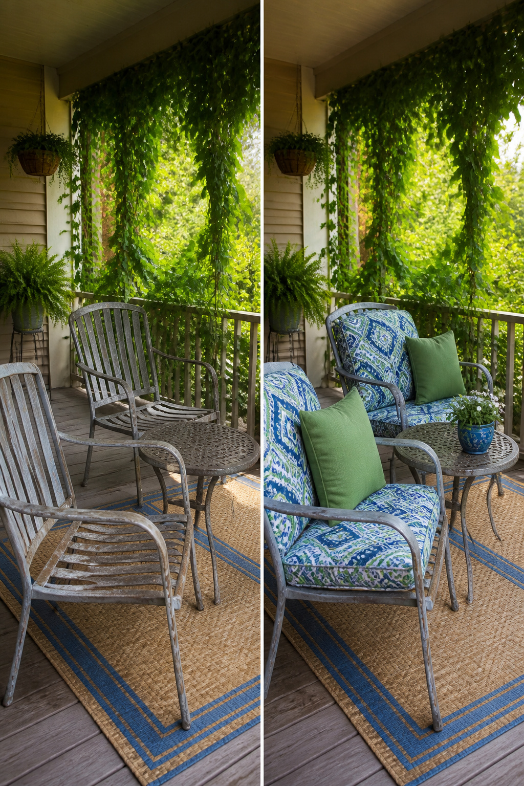 13 Large Back Porch Ideas That Use What You Already Have 5 Patterned pillows on metal chairs brighten up the porch seating.