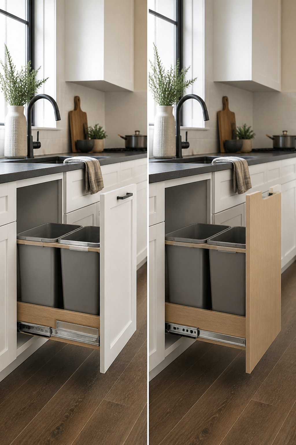 Pull-out trash and recycling bins inside a kitchen cabinet.