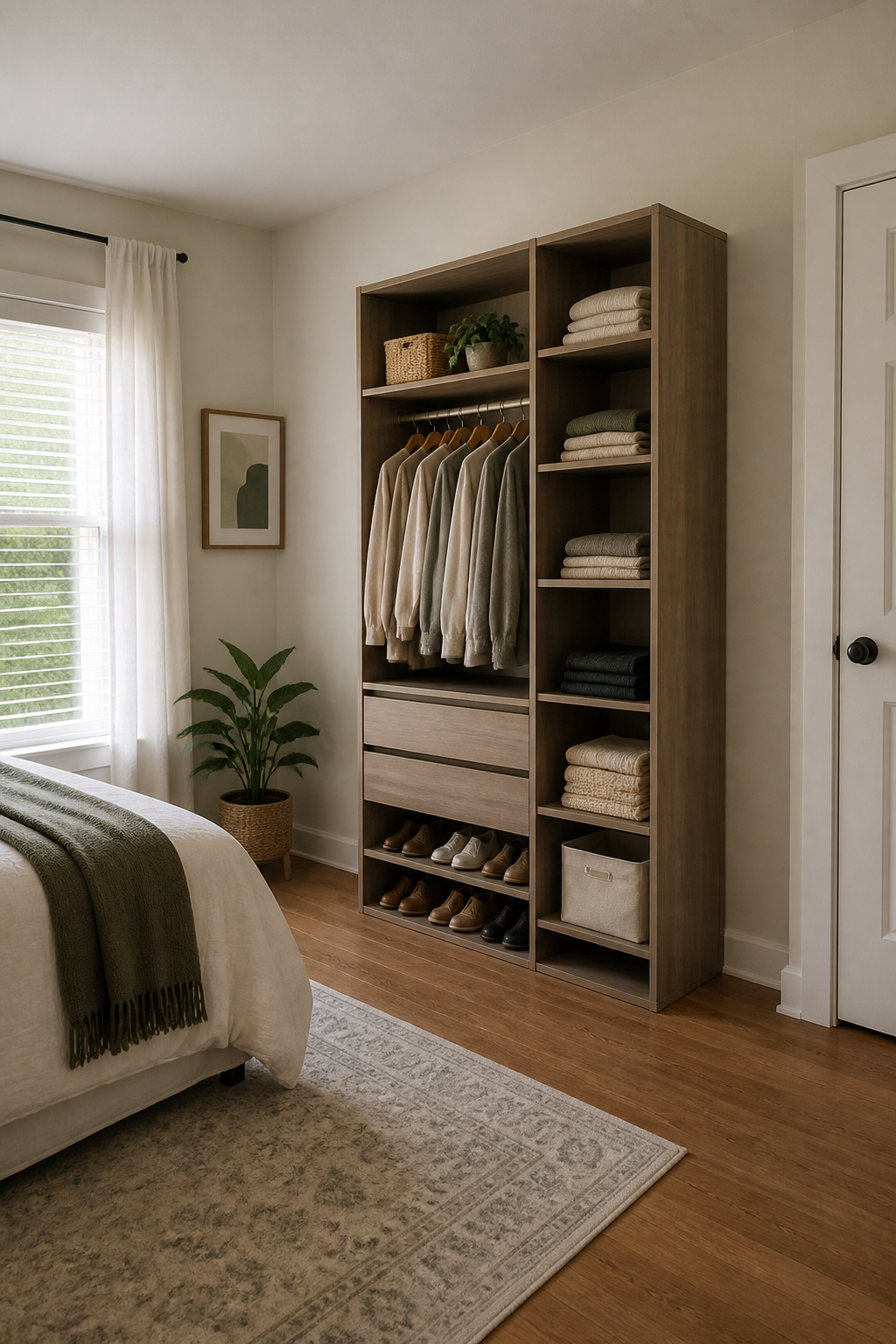 A closet with a stackable wire system for shoes and folded clothes.