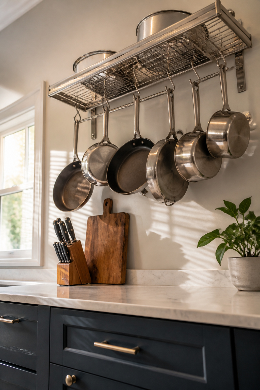 Ceiling-mounted pot rack with hanging cookware above a kitchen counter.