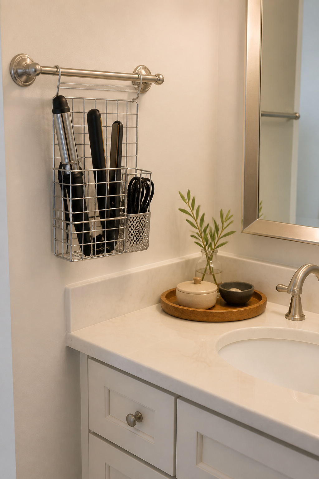 A hanging hair tool caddy with a curling iron and straightener on a towel bar.