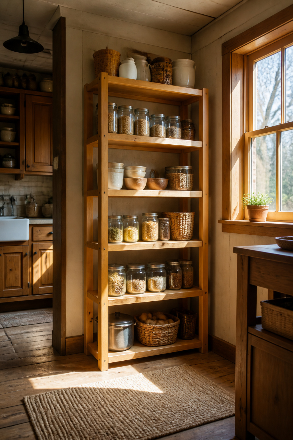 Freestanding wooden shelves in a pantry.