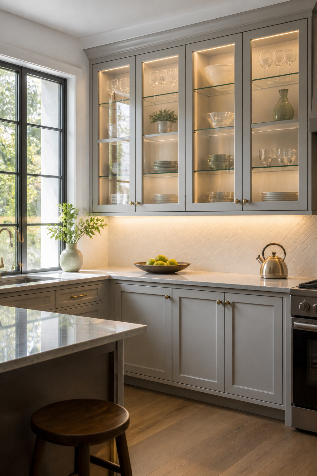 10 Small Kitchen Cabinet Ideas That Maximize Every Inch (2026) 6 A kitchen with glass-front cabinets displaying decorative glassware.