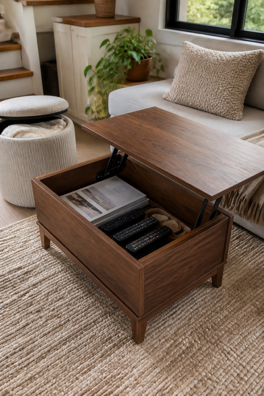 A storage ottoman and a coffee table with drawers in a living room.