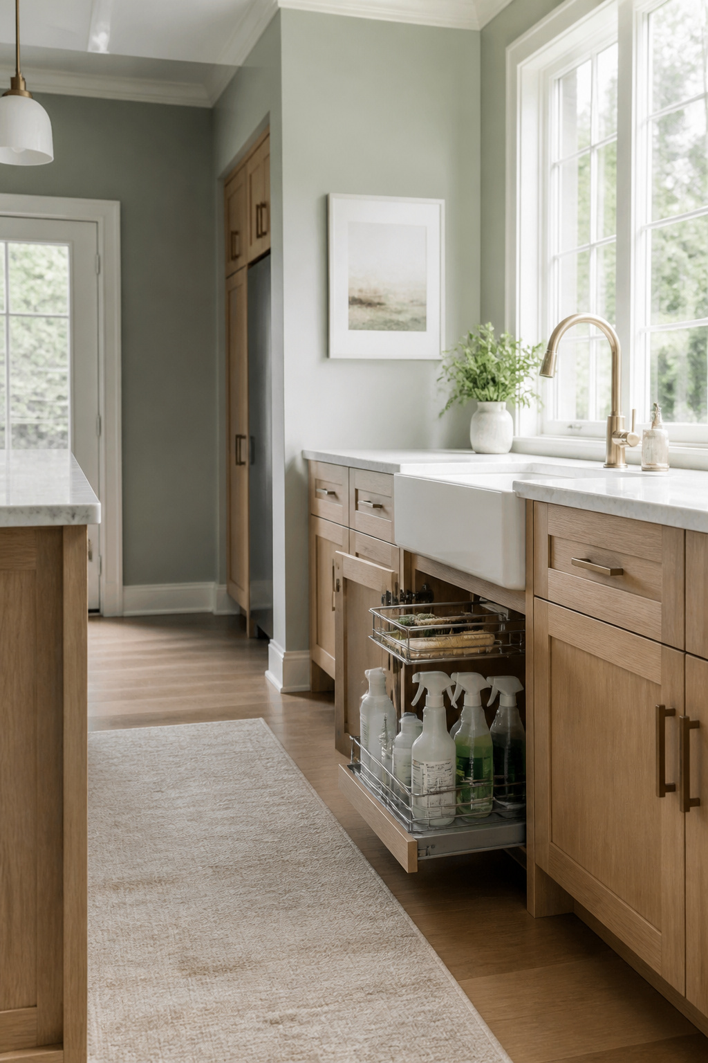 Slide-out drawers under a kitchen sink holding cleaning bottles and supplies.