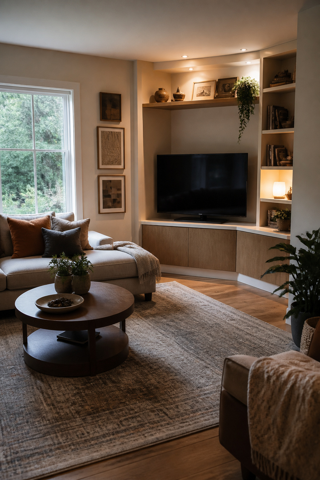 Corner living room with a TV on a swivel mount for better viewing.