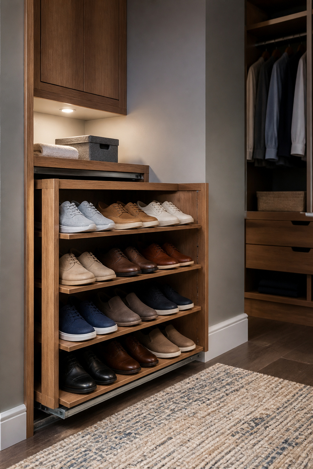 10 Small Walk-In Closet Ideas for Better Storage in 2026 6 A compact pull-out shoe rack displaying various types of shoes.