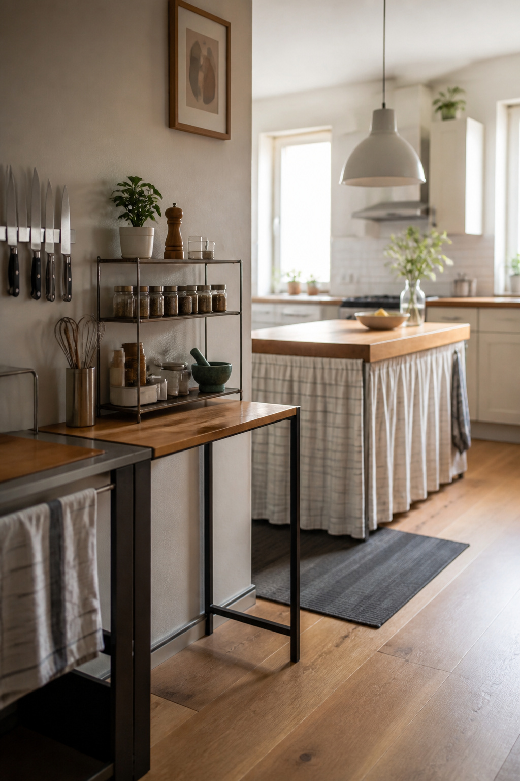 A tiered rack displaying spice jars and kitchen essentials.