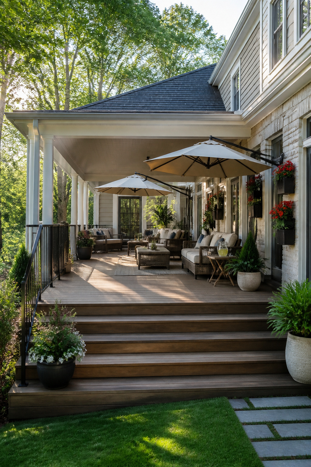 13 Large Back Porch Ideas That Use What You Already Have 6 Two patio umbrellas casting shade over a porch seating area.