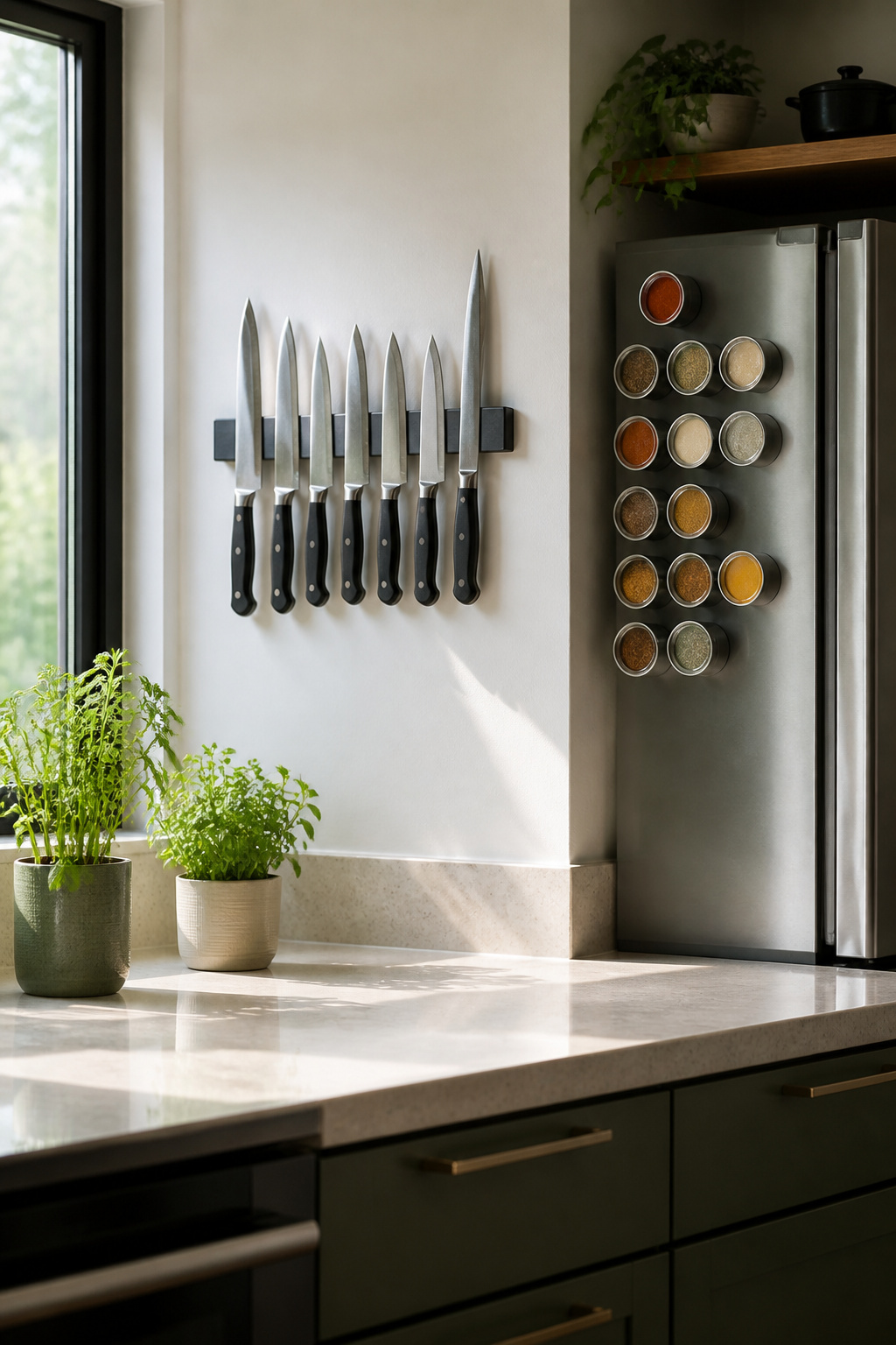 A magnetic knife rack on a wall holding various kitchen knives.