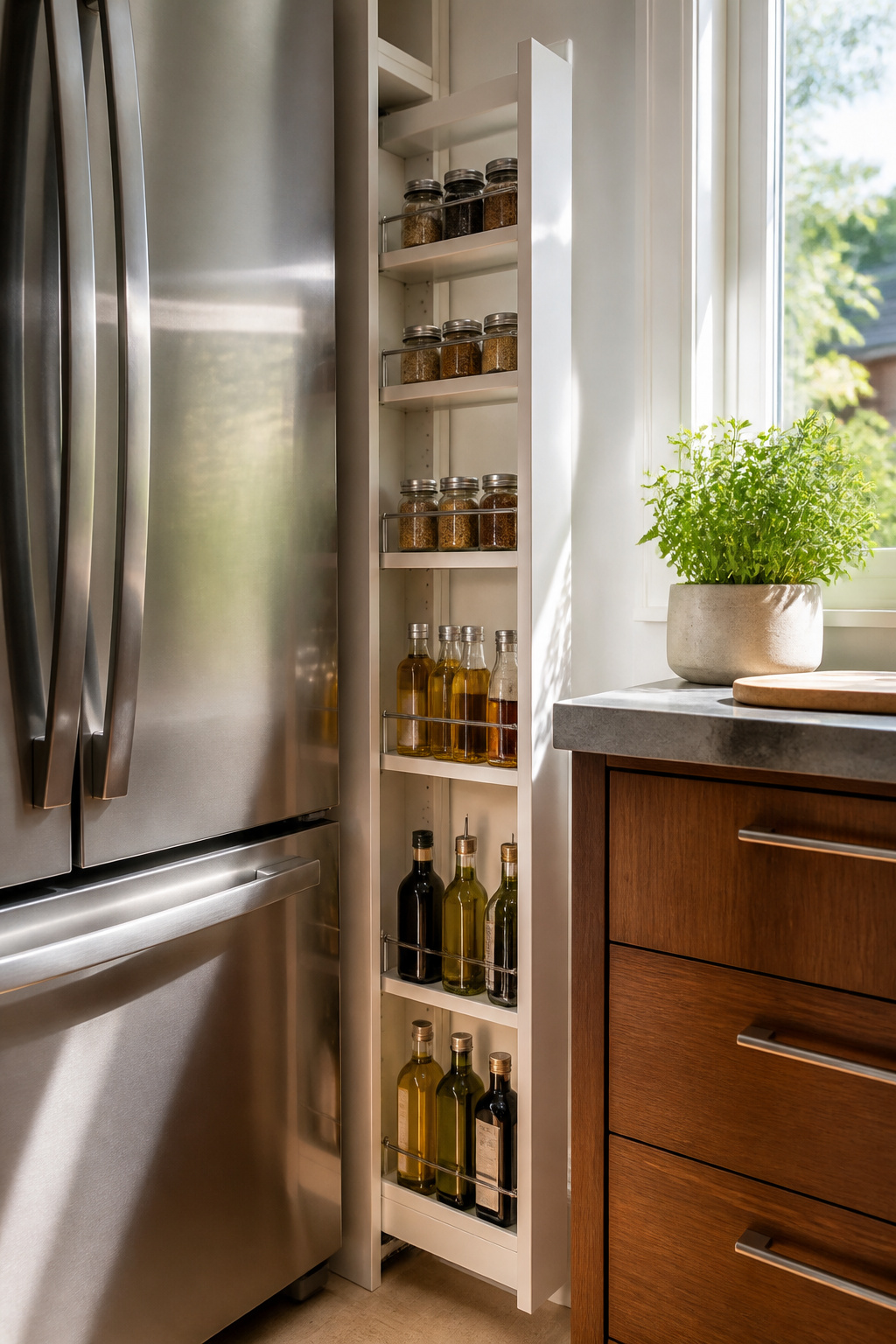 10 Small Kitchen Cabinet Ideas That Maximize Every Inch (2026) 7 A narrow pull-out cabinet between a refrigerator and wall for spices.