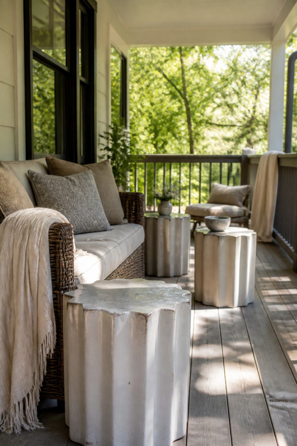 13 Large Back Porch Ideas That Use What You Already Have 7 Ceramic garden stools used as seating and tables on a back porch.