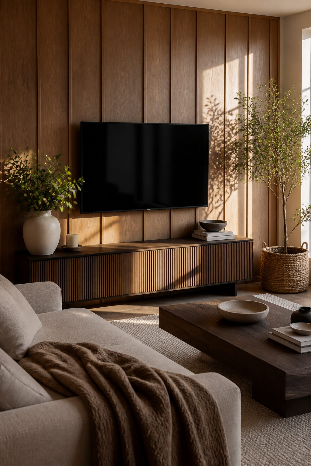 Living room featuring board-and-batten paneling behind the TV.
