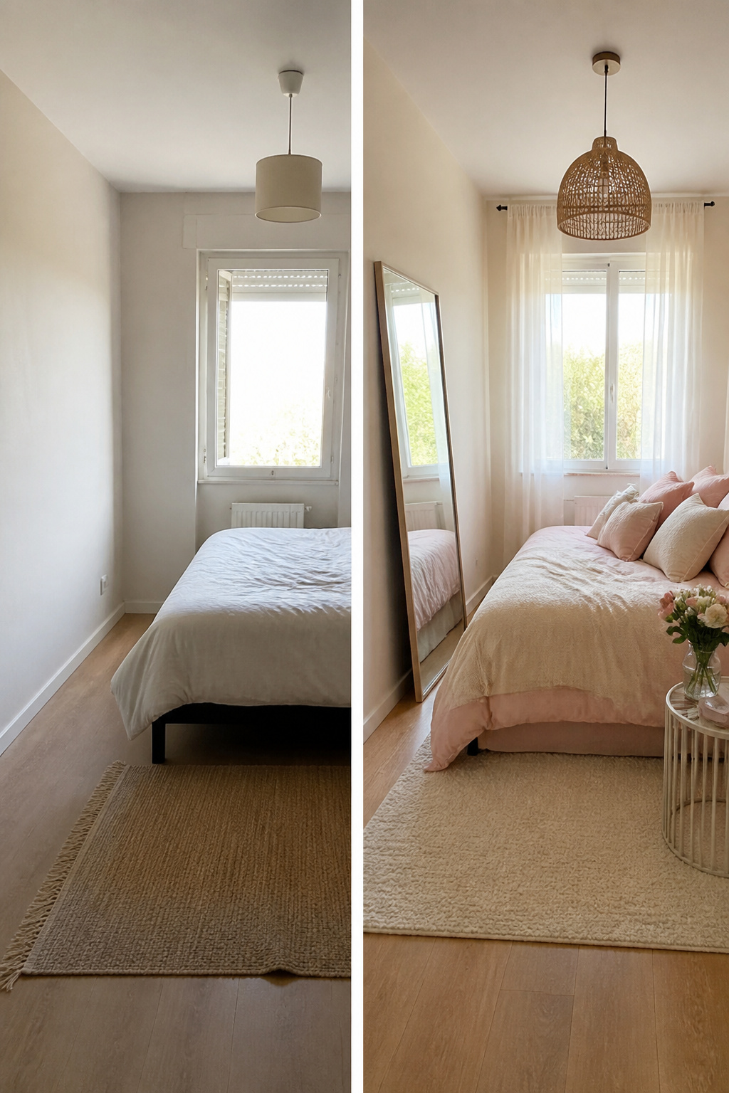 A small bedroom with light-colored walls and a large mirror.