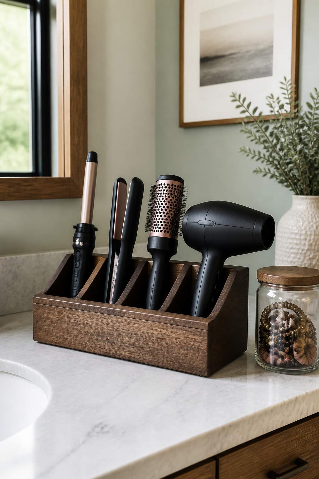 A wooden organizer with slots for a blow dryer and curling wand on a counter.
