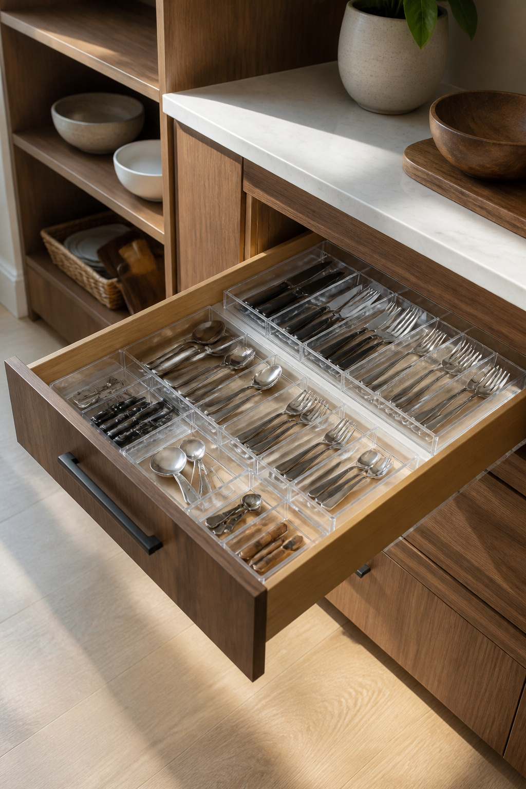 A silverware drawer with tiered acrylic organizers for easy access.