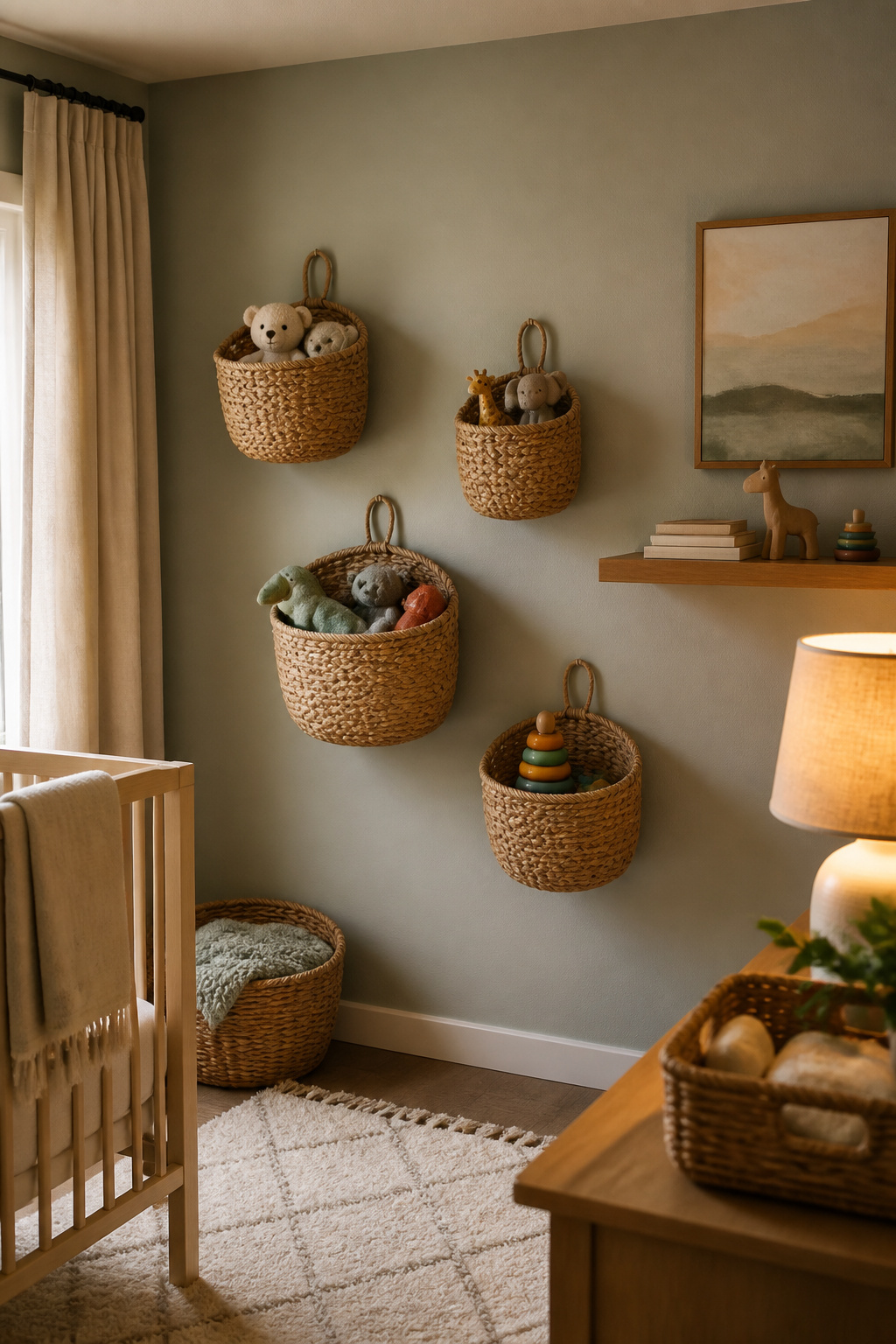 12 Wall Storage Ideas to Free Up Floor Space in 2026 7 A collection of seagrass baskets hanging on a wall in a nursery.