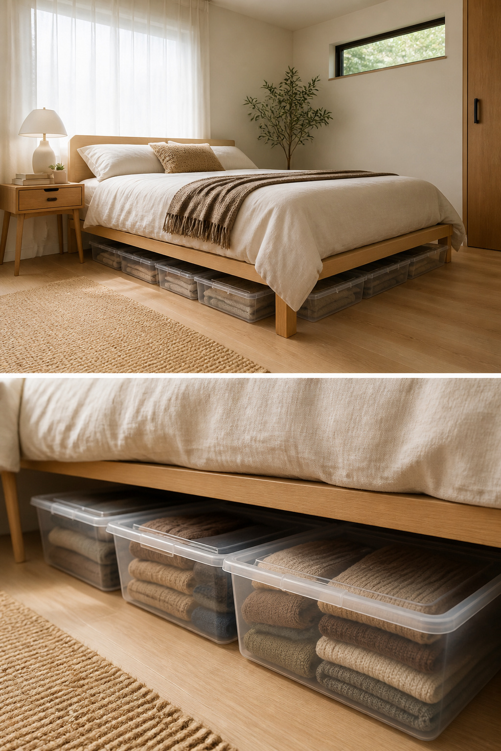 Clear plastic bins stored under a bed for off-season clothes.