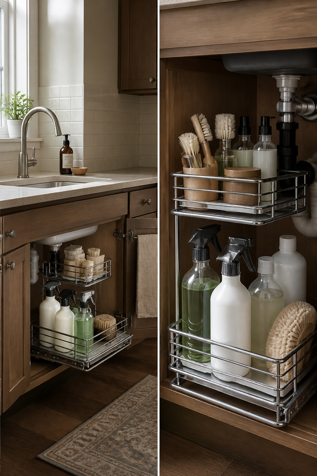 Under-sink organizer with two tiers for cleaning supplies.