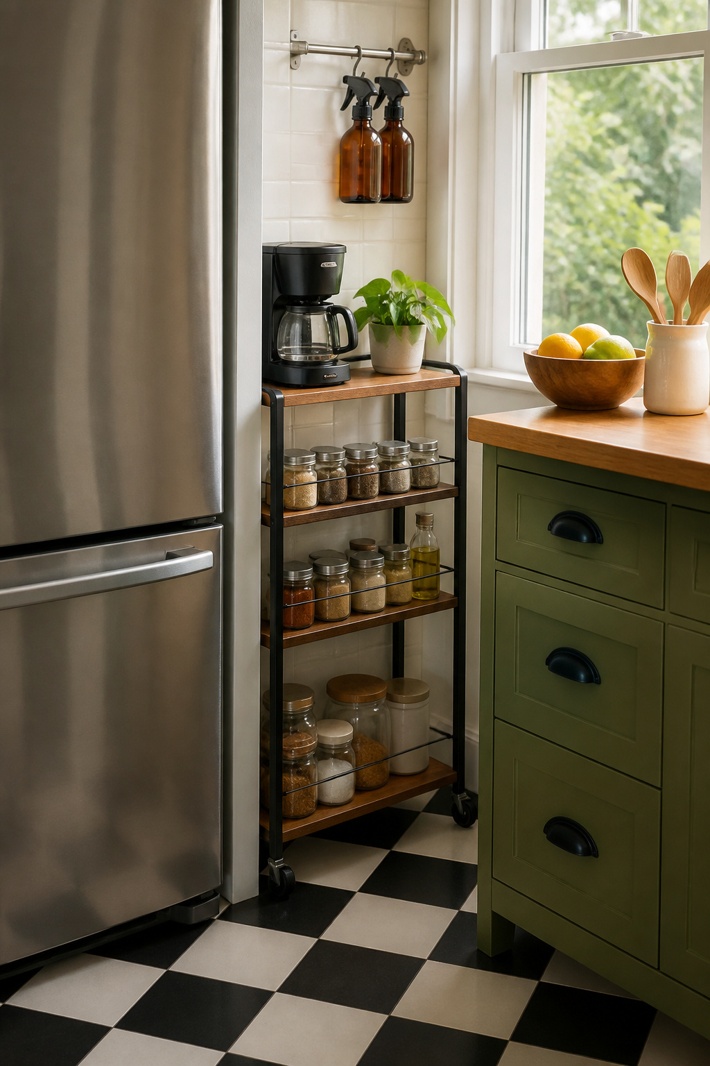 A narrow rolling cart used for kitchen storage beside a refrigerator.