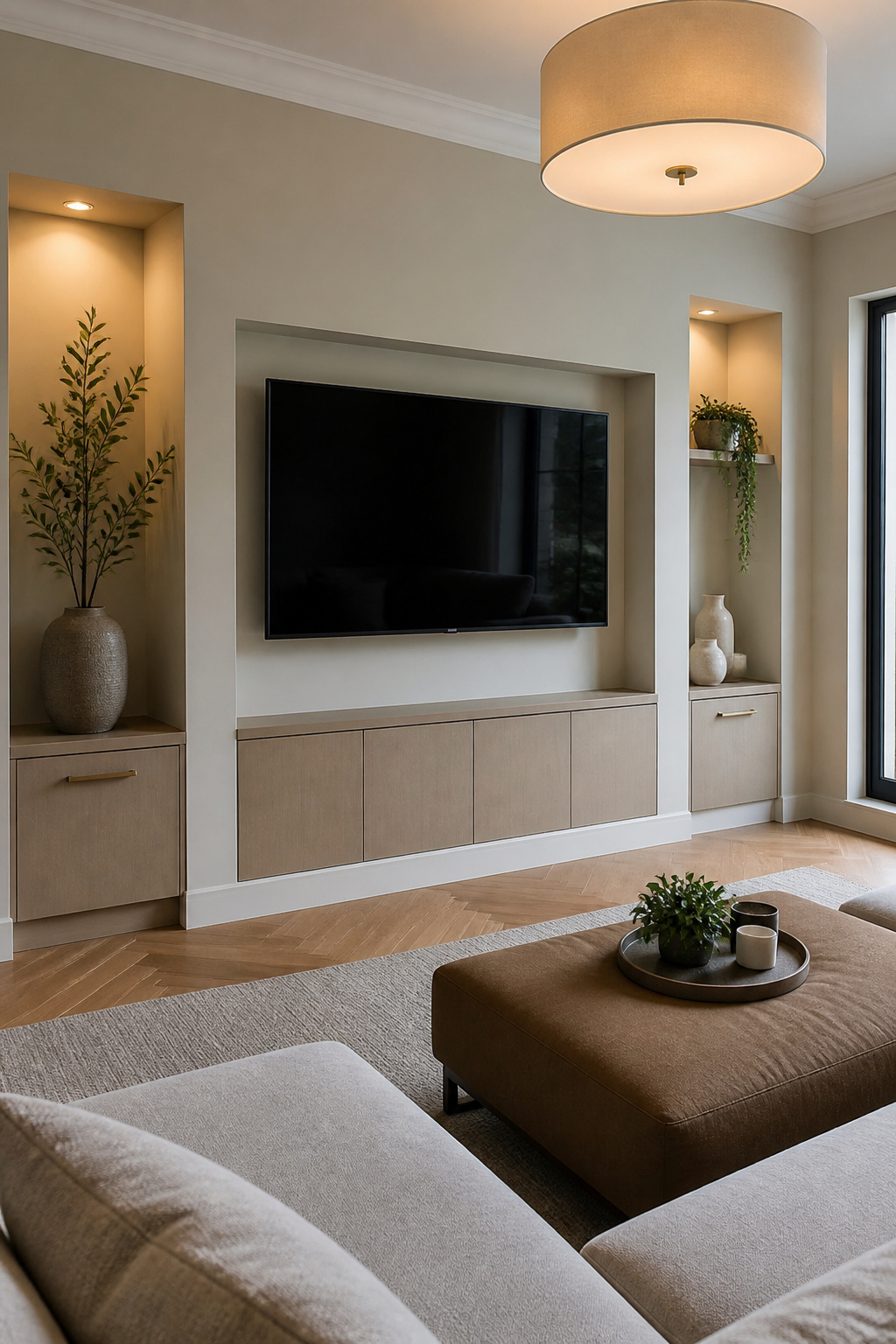Stylish alcove with a recessed TV and custom side cabinets.